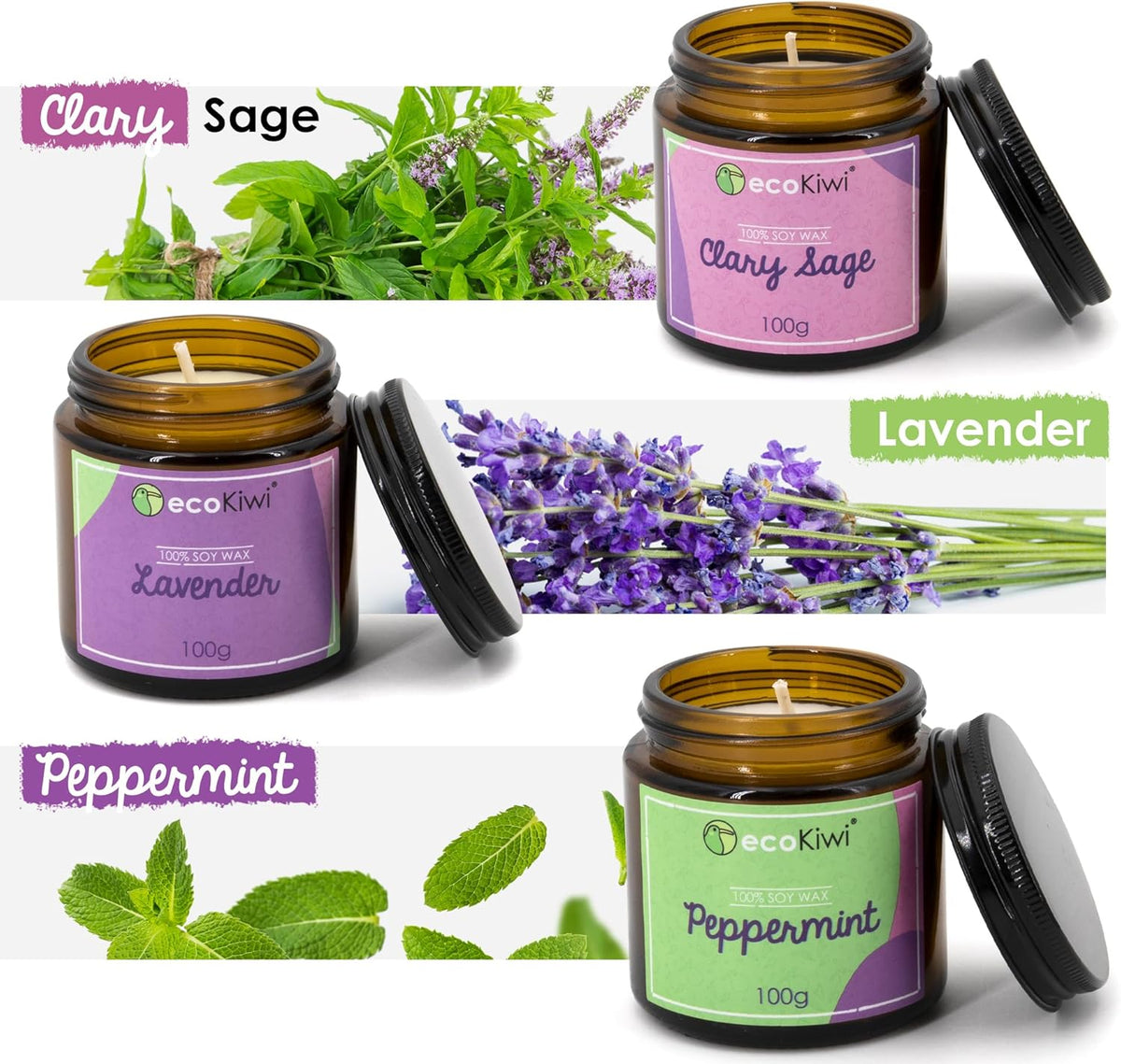 Trio di Candele Naturali in Cera di Soia – Lavanda, Menta & Salvia
