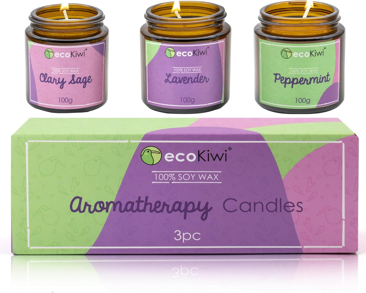 Trio di Candele Naturali in Cera di Soia – Lavanda, Menta & Salvia