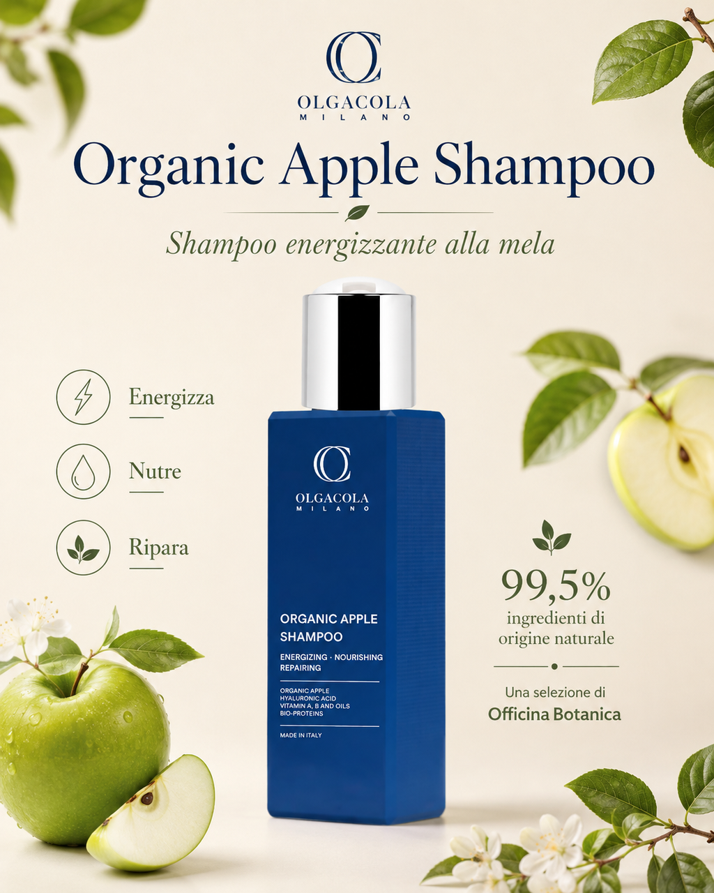 Shampoo Energizzante alla Mela Biologica – 99,5% Ingredienti di Origine Naturale | 100 ml